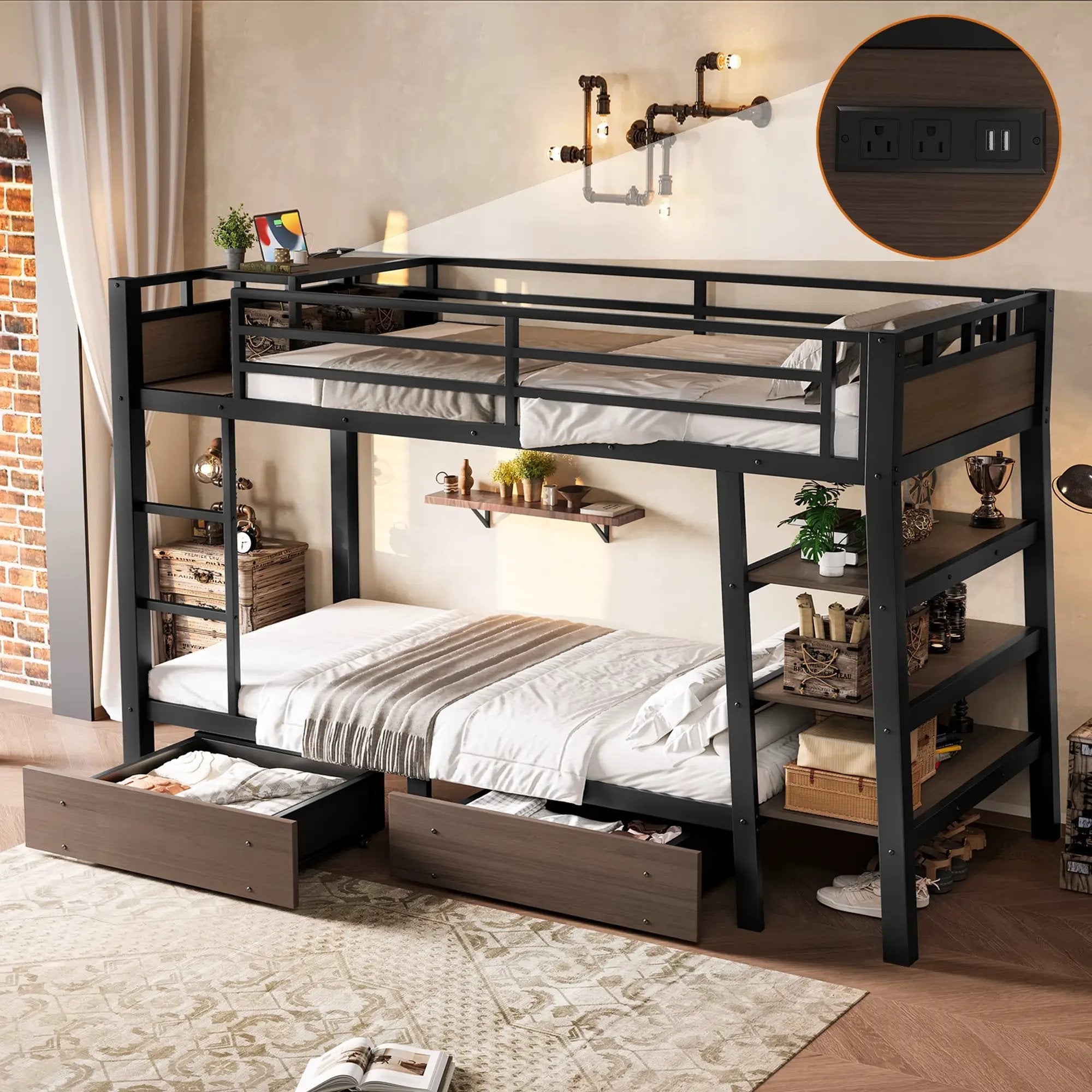 Twin Size Metal Bunk Bed with Storage Shelves, LED Light Strip, and USB Power Strip by HouseOfZazla