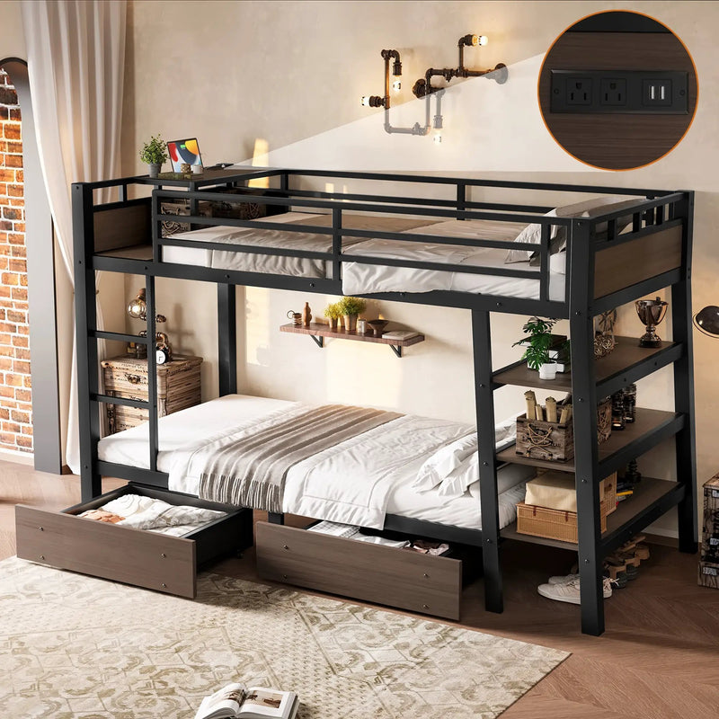 Twin Size Metal Bunk Bed with Storage Shelves, LED Light Strip, and USB Power Strip by HouseOfZazla