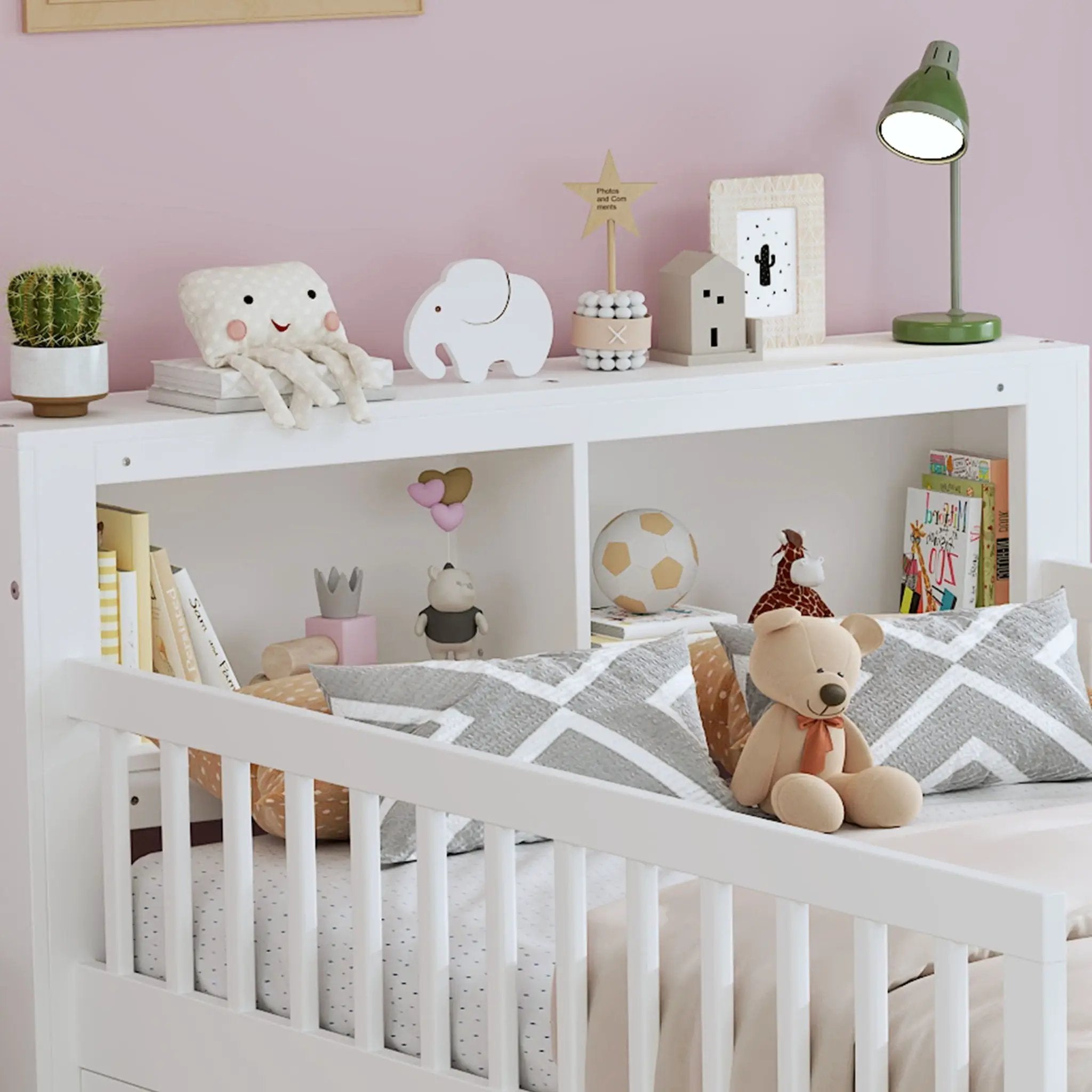 Bed With Headboard Storage Rack, 2 Under Bed Drawers, 3 Side Guardrails For Safety by Unique Piece Furniture