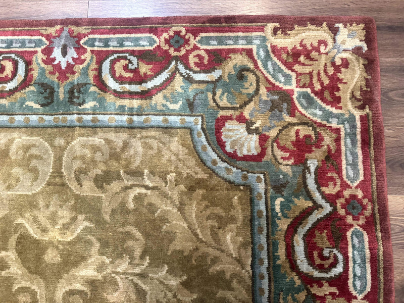Tibetan Aubusson Rug 6x9, Gold-Beige, Soft Wool Pile, Handmade by Jewel Rugs