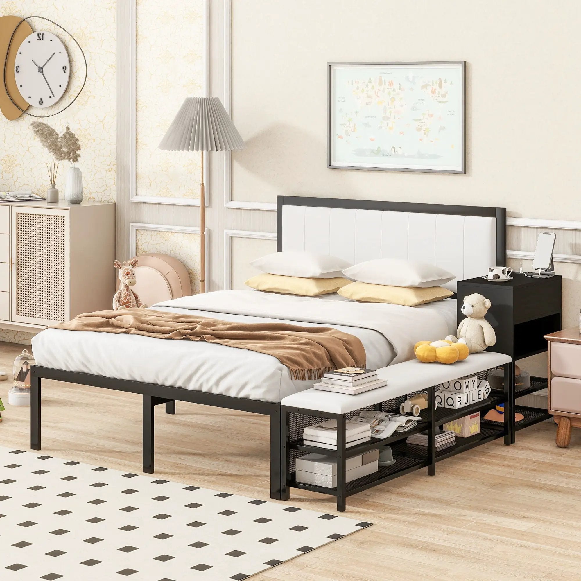 Platform Bed With 2 Tier Storage Shelves, Storage Cabinet by Unique Piece Furniture