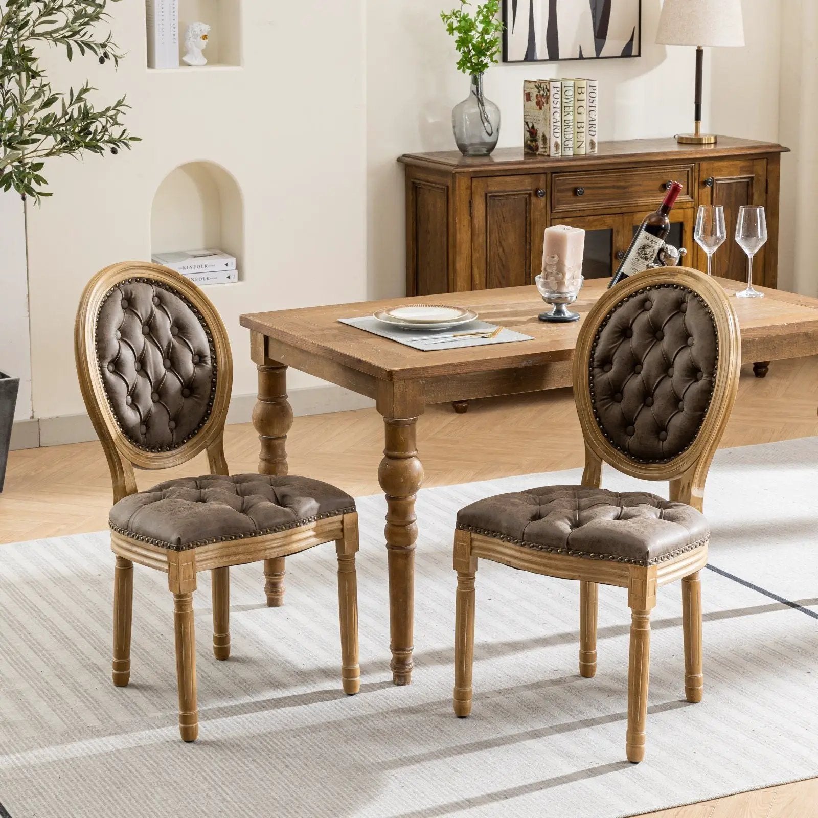 French Style Solid Wood Frame Antique Painting, Hand-Pulled Buckle Decoration Artificial Dining Chair With Nailhead Trim, Wood Legs by HouseOfZazla