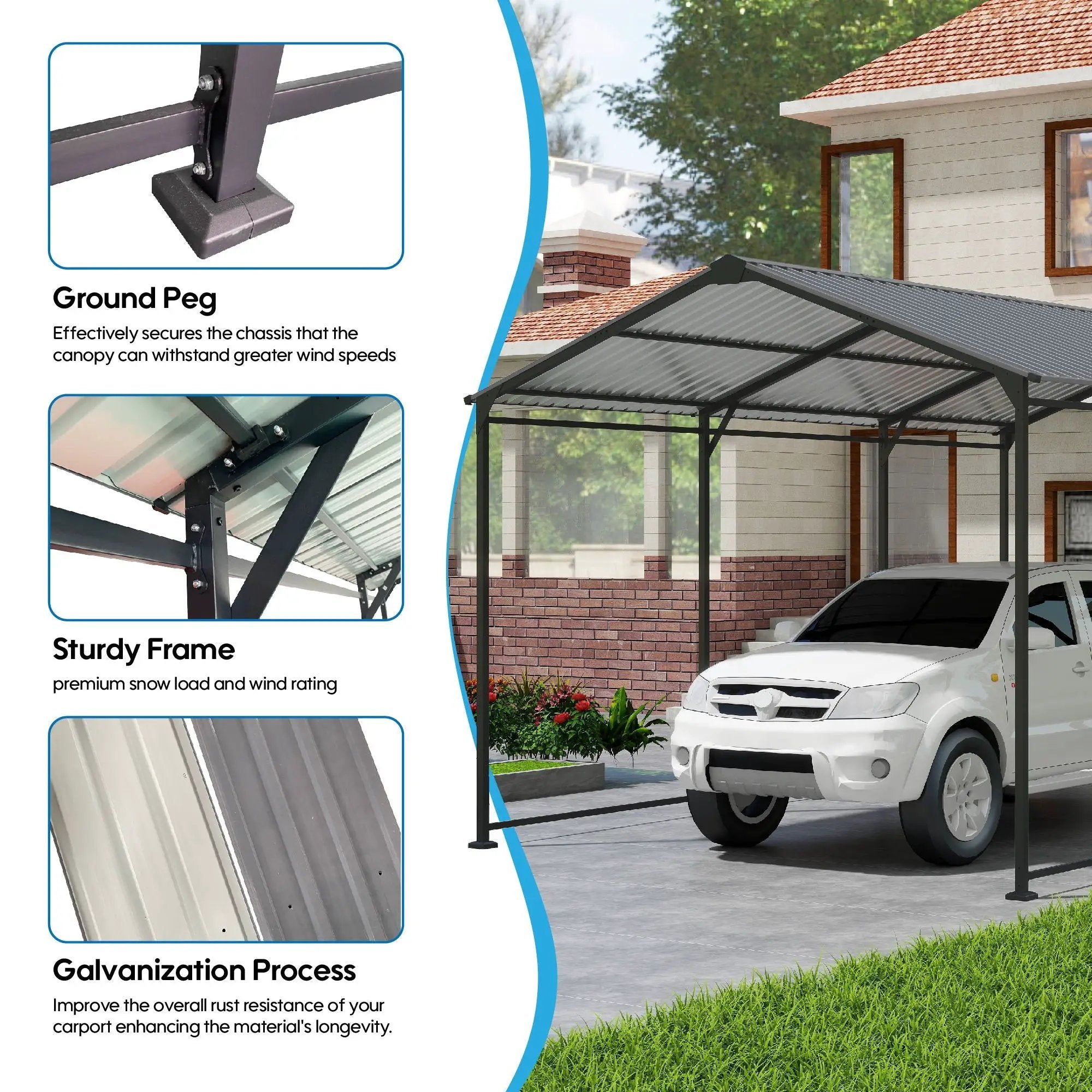 Metal Carport 10 5Ft Heavy Duty With Galvanized Steel Roof Metal Garage Canopy With Galvanized Steel Roof & Frame Car Tent Outdoor Storage Shed - Gray by HouseOfZazla