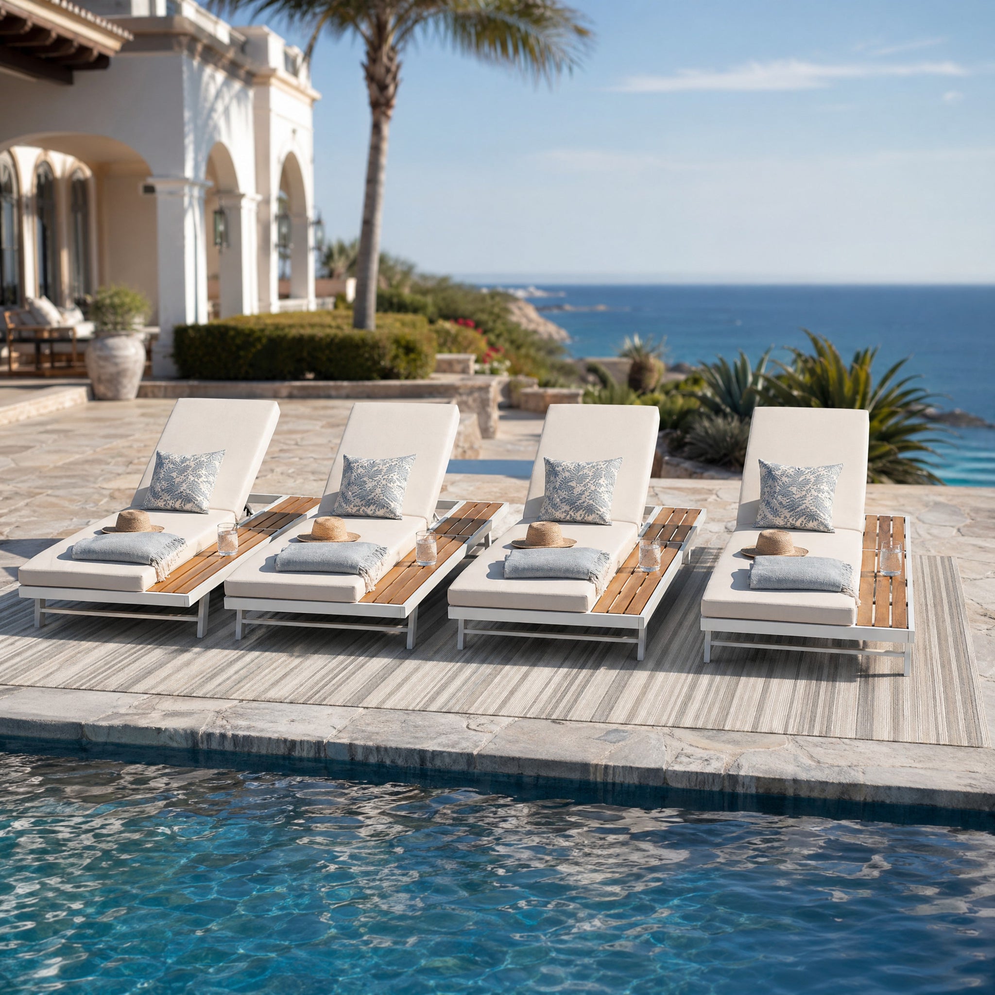 White Iron and Teak Finish Chaise Lounge Set with Cream Cushion by HouseOfZazla