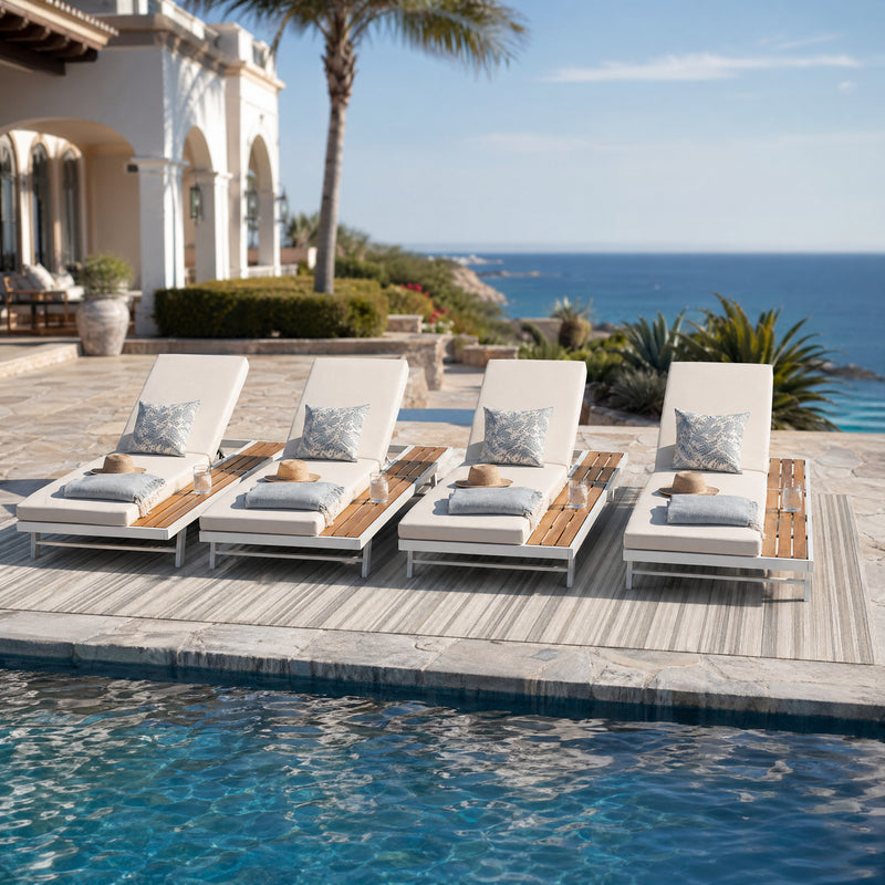 White Iron and Teak Finish Chaise Lounge Set with Cream Cushion by HouseOfZazla