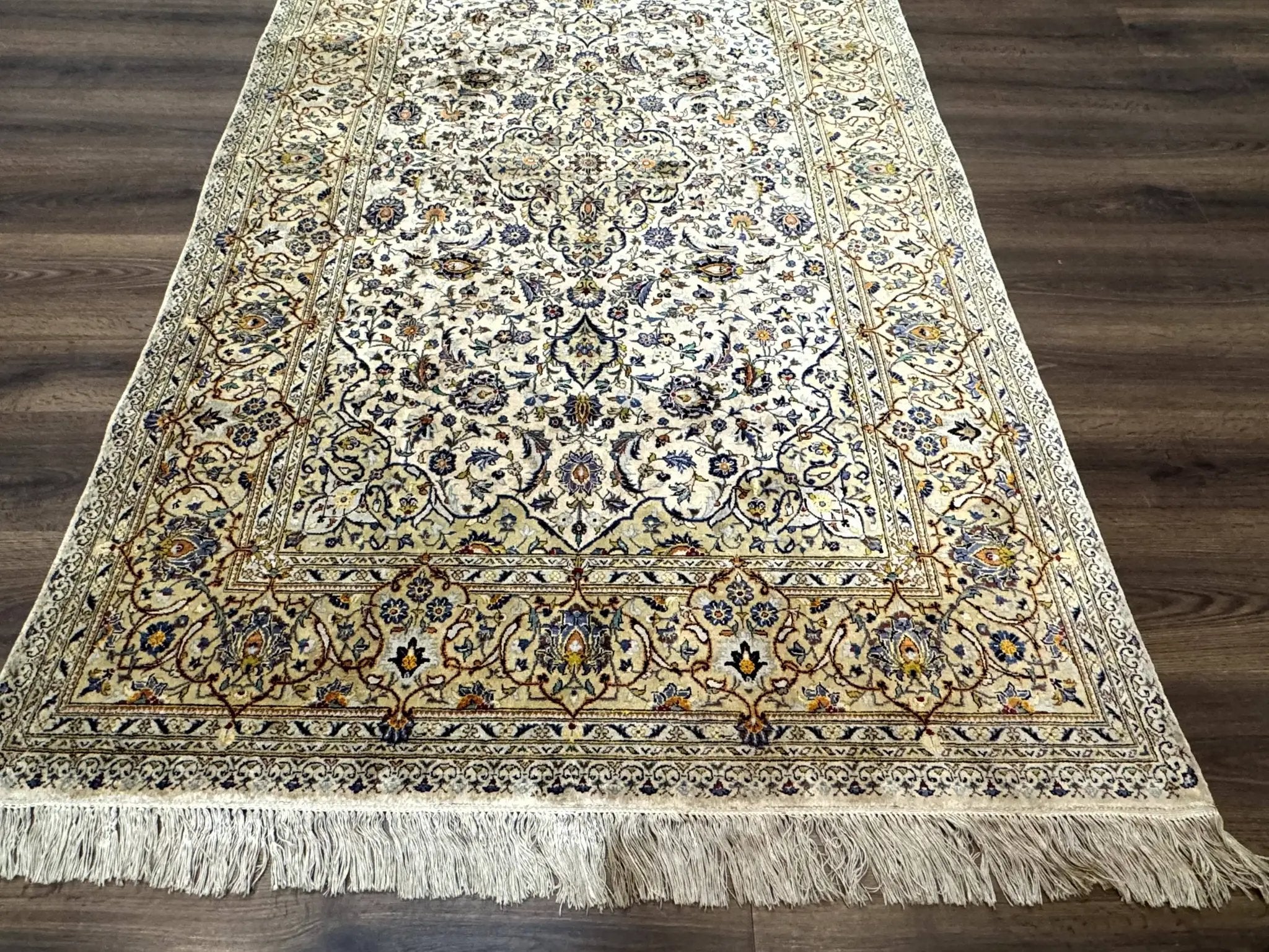 Rare Silk Persian Kashan Rug 4.6 x 7, Antique Fine 310 KPSI, Ivory by Jewel Rugs