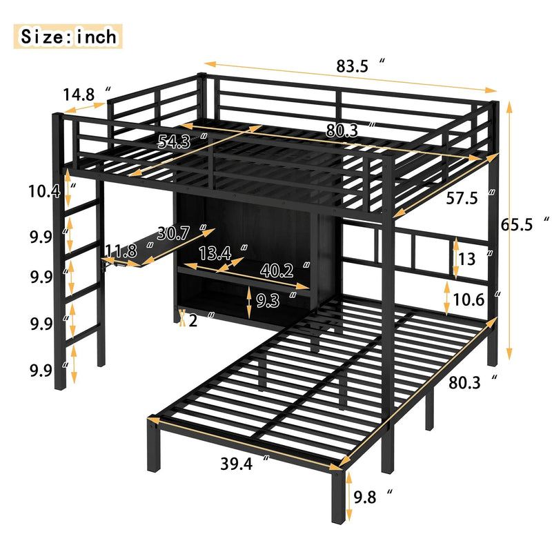Full XL Over Twin Metal Bunk Bed with Folding Desk and Closet by HouseOfZazla
