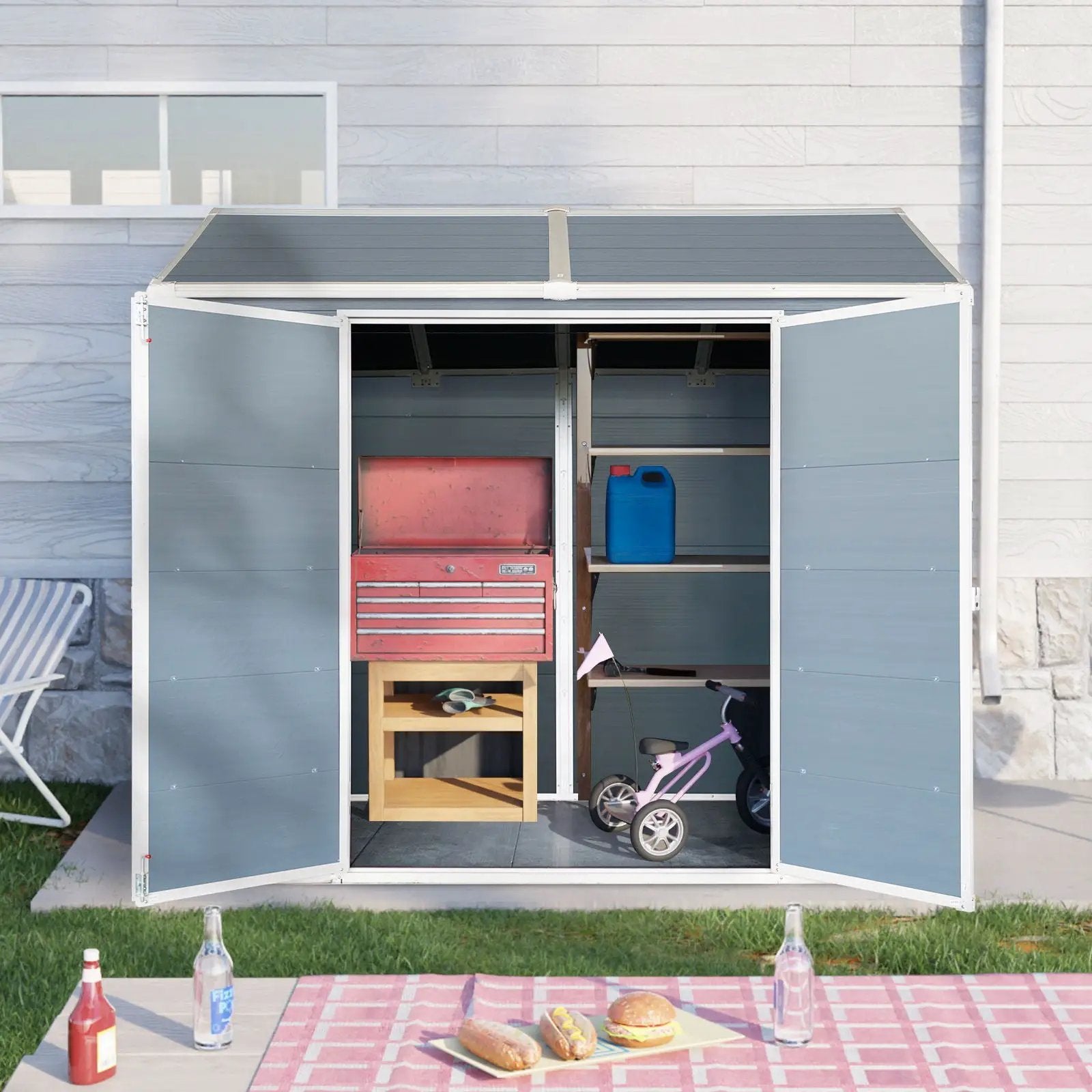 Resin Outdoor Storage Shed With Two - Window And Double - Door, Plastic Shed With Floor For Gargen, Patio, Yard, Lawn by HouseOfZazla