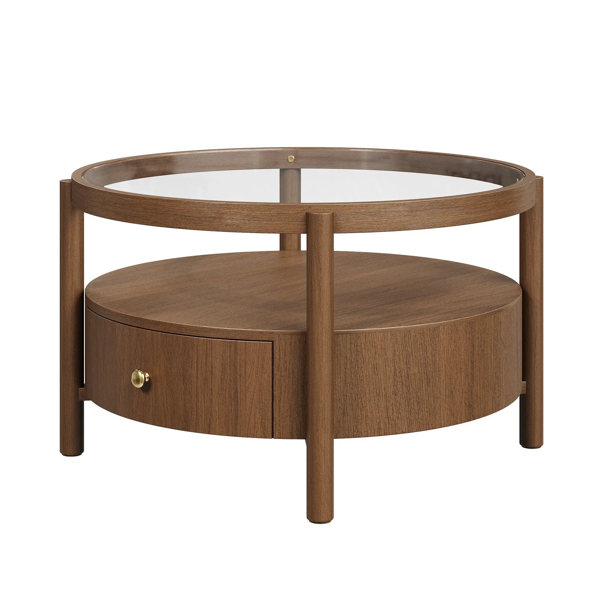 Solid Wood Round Glass Top Coffee Table with Storage Drawer by HouseOfZazla