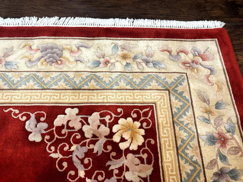 Chinese Wool Rug 8.6 x 11, Red and Beige Asian Oriental Carpet, Plush Pile, Vintage Handmade Chinese Carving Sculpted Rug, Semi Open Field by Jewel Rugs