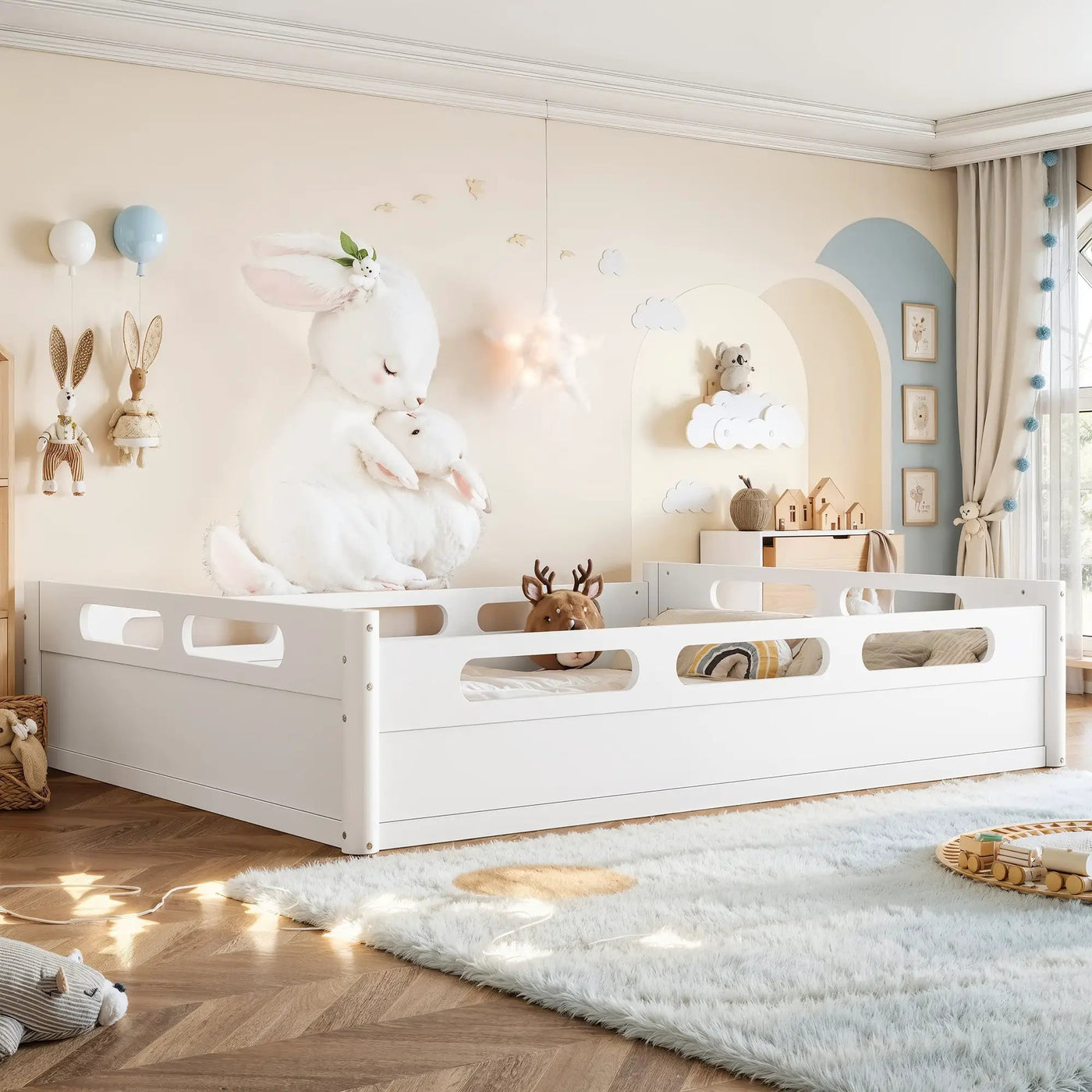 Queen Size Floor Platform Bed with Guardrails by HouseOfZazla