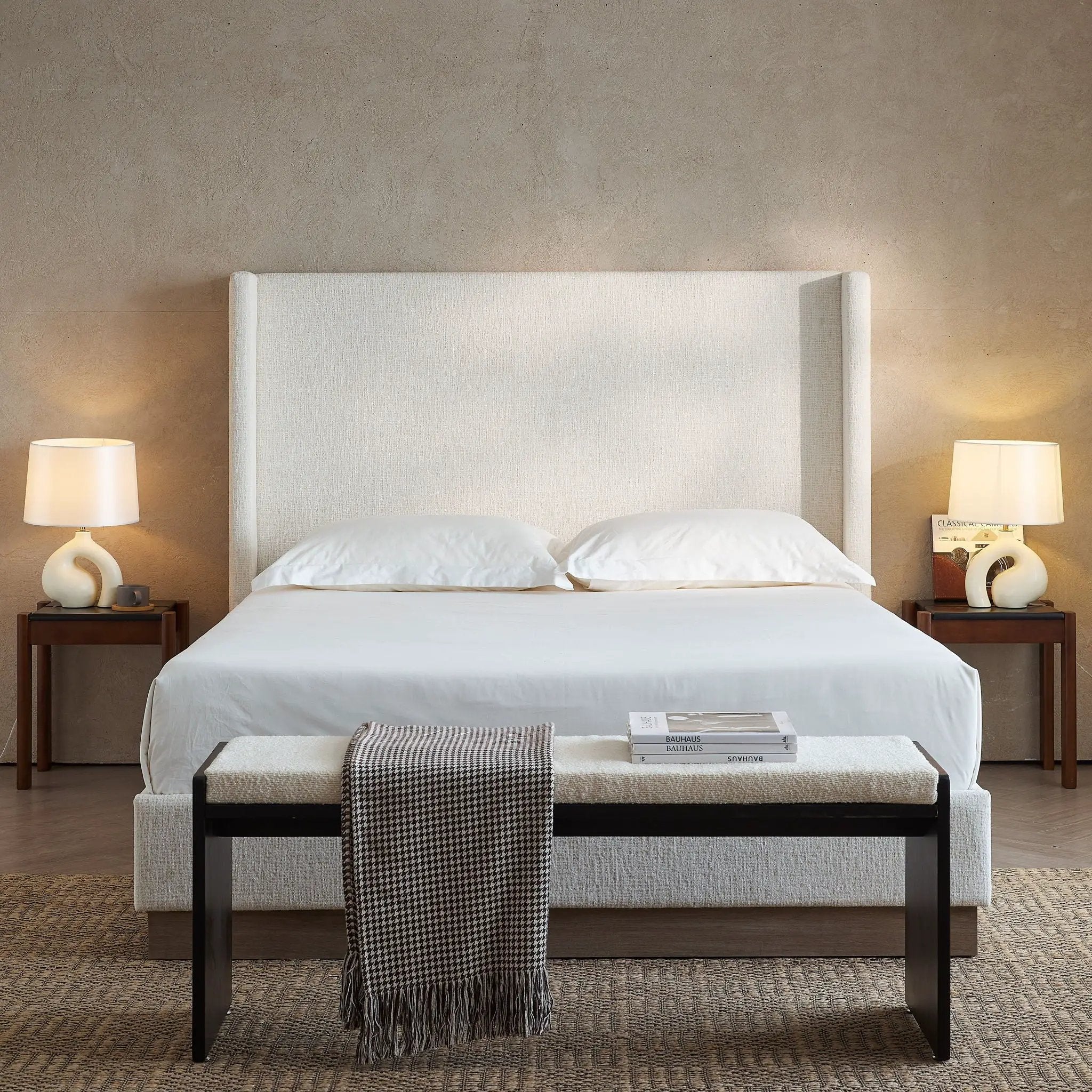 Hosford - Minimalist Upholstered Wingback Bed With Wood Base Platform