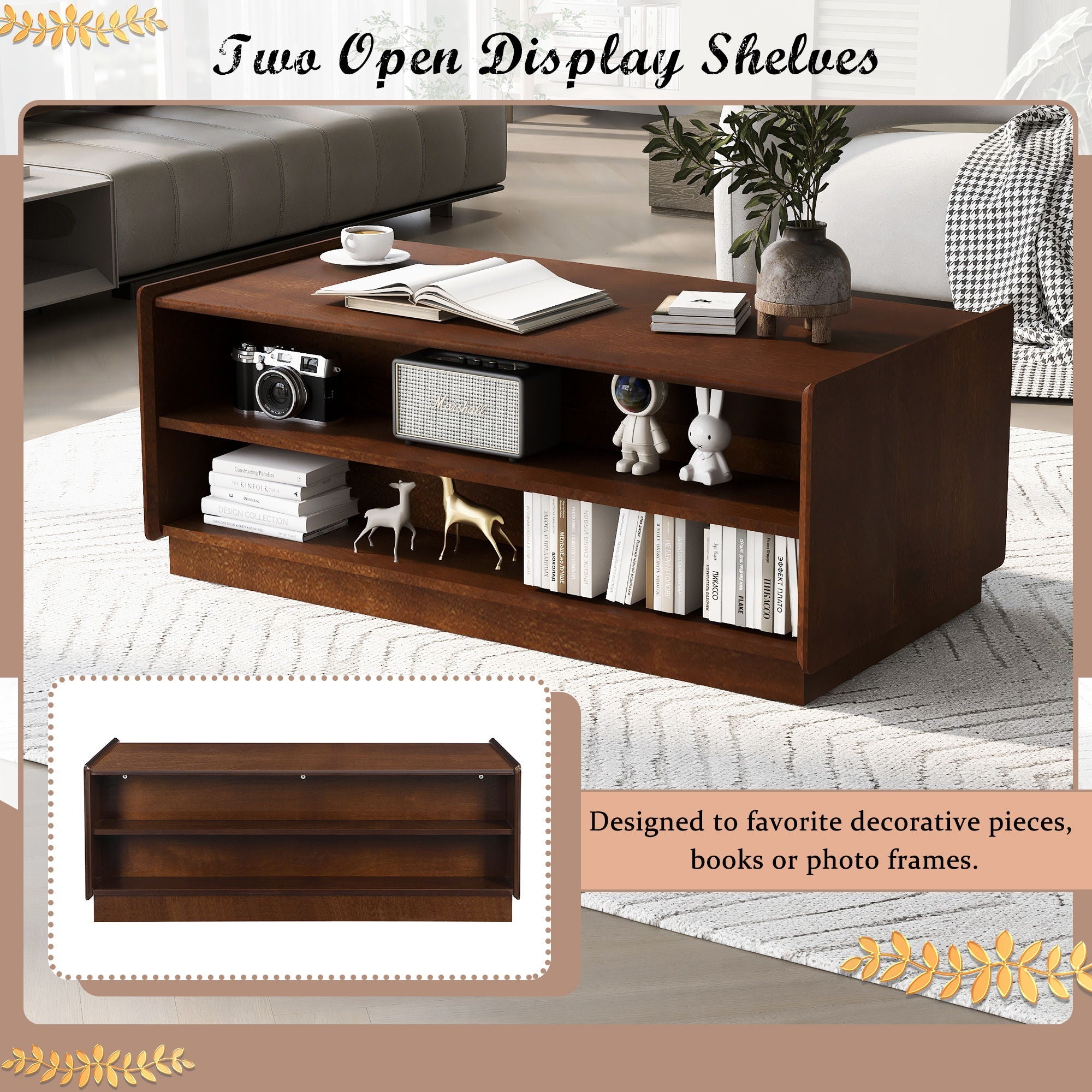 Modern Rectangle Coffee Table With 4 Drawers And 2 Display Shelves