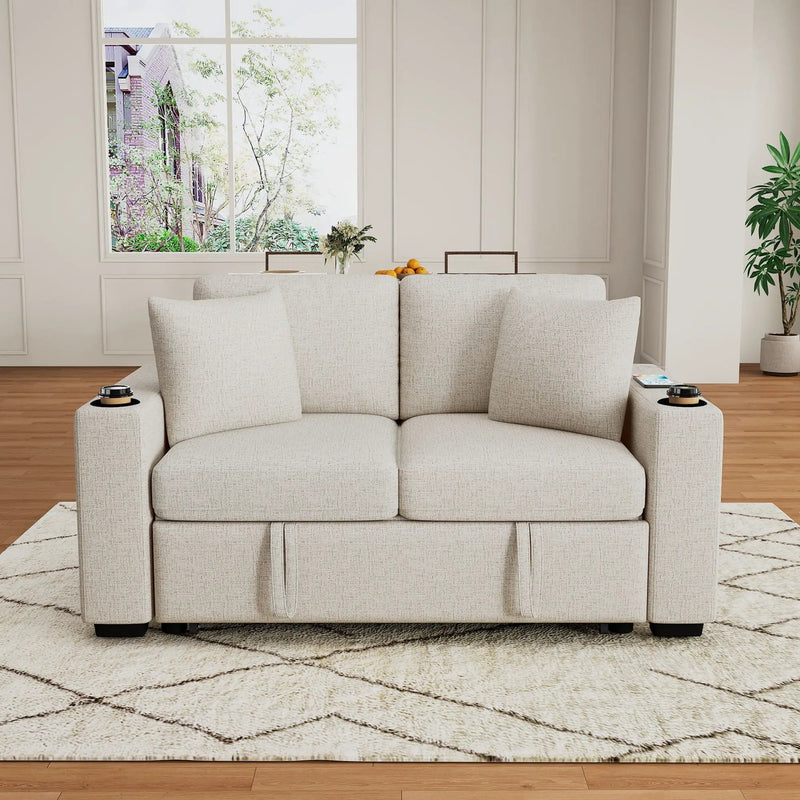 Modern 2 Seater Loveseat Sofa With Pull-Out Bed, Fabric, Built-In USB Ports & Cup Holders by Unique Piece Furniture