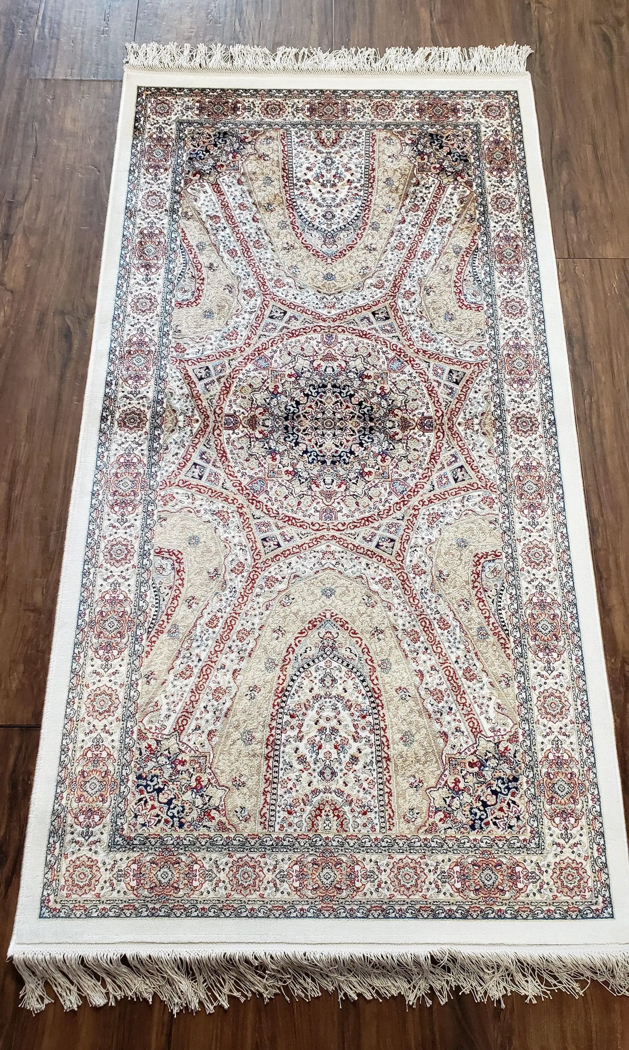 Beige & Cream Small Turkish Silk Rug, Bamboo Silk, Power-Loomed, Persian Design, High Quality, Soft Accent Rug, 3x5 ft, 2' 8" x 4' 11" by Jewel Rugs