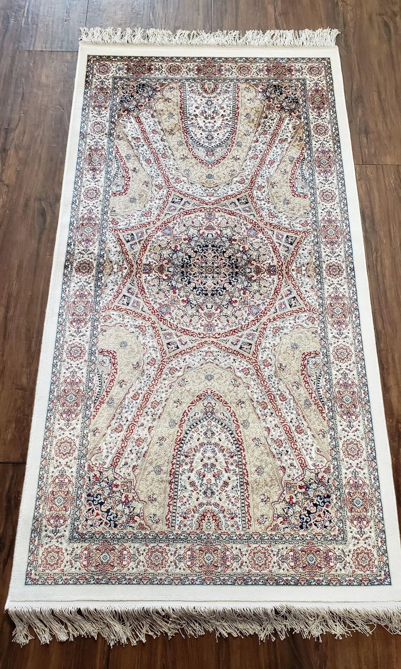 Beige & Cream Small Turkish Silk Rug, Bamboo Silk, Power-Loomed, Persian Design, High Quality, Soft Accent Rug, 3x5 ft, 2' 8" x 4' 11" by Jewel Rugs