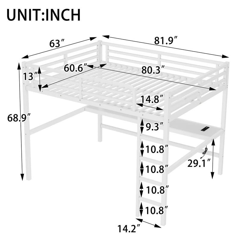 Metal Queen Size Loft Bed with Power Outlet and LED Lighted by HouseOfZazla