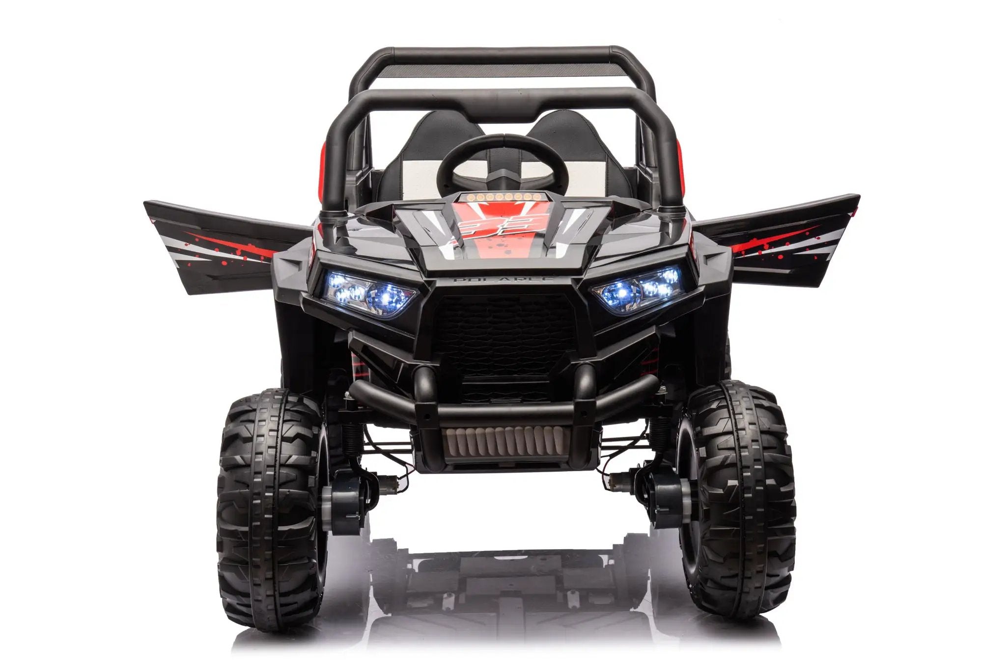 12V7A*1 30W*4 Four-Wheel Drive Seat One Button Start, Forward And Backward, High And Low Speed, Music, Front Light, Power Display, Two Doors Can Open, 2.4G R / C, Seat Belt Four Wheel Absorber by HouseOfZazla