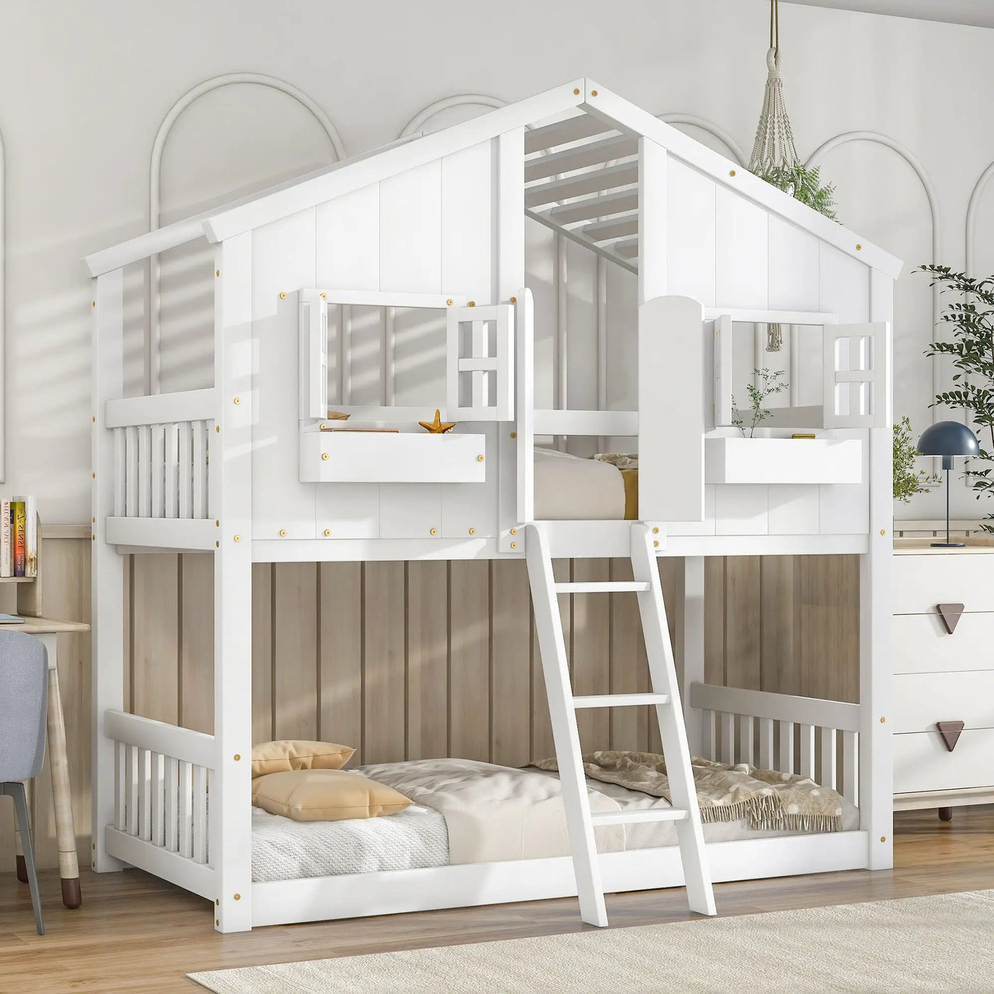 House Bunk Bed With Roof, Window, Window Box, Door, With Safety Guardrails And Ladder by HouseOfZazla