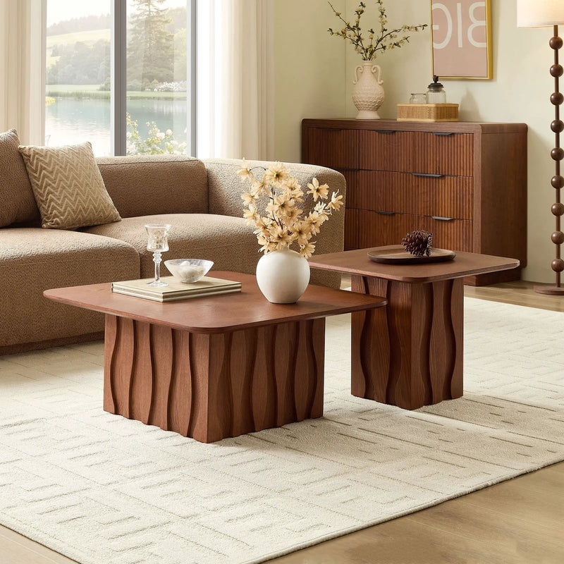 2PCS Nesting Square Coffee Table Mid-Century Wavy Fluted Base by HouseOfZazla