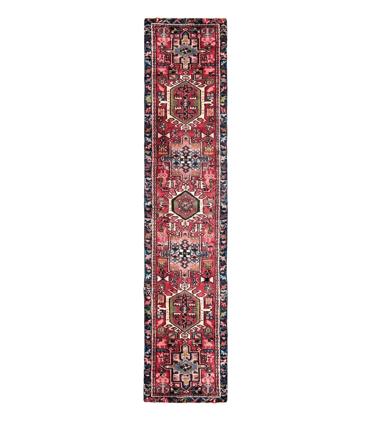 Persian Heriz Karajeh Runner Rug 2x9, Geometric Medallions, Red Navy Blue, 2 x 9 Rug for Hallway by Jewel Rugs