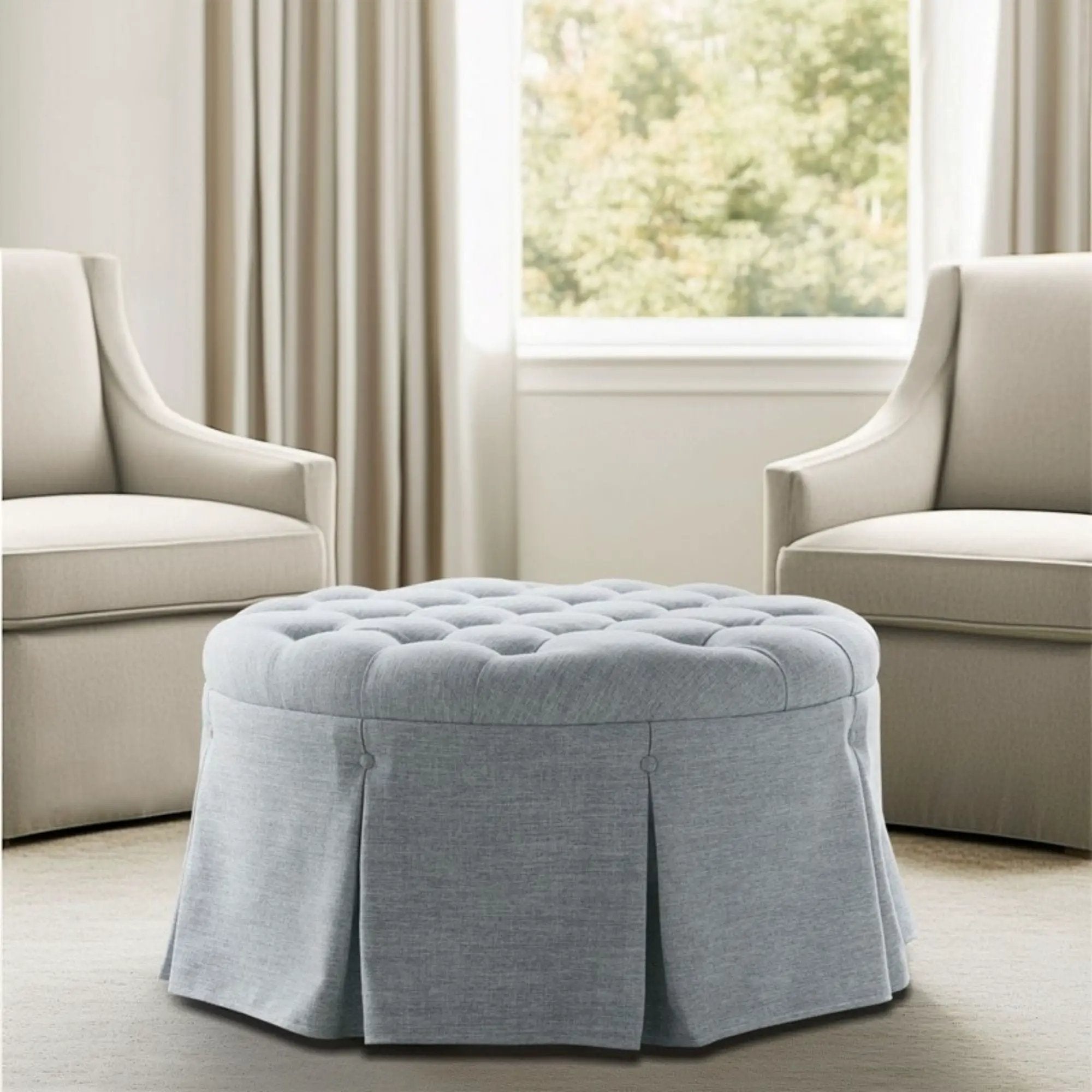 Skirted Tufted Round Ottoman With Button Top - Gray by Unique Piece Furniture