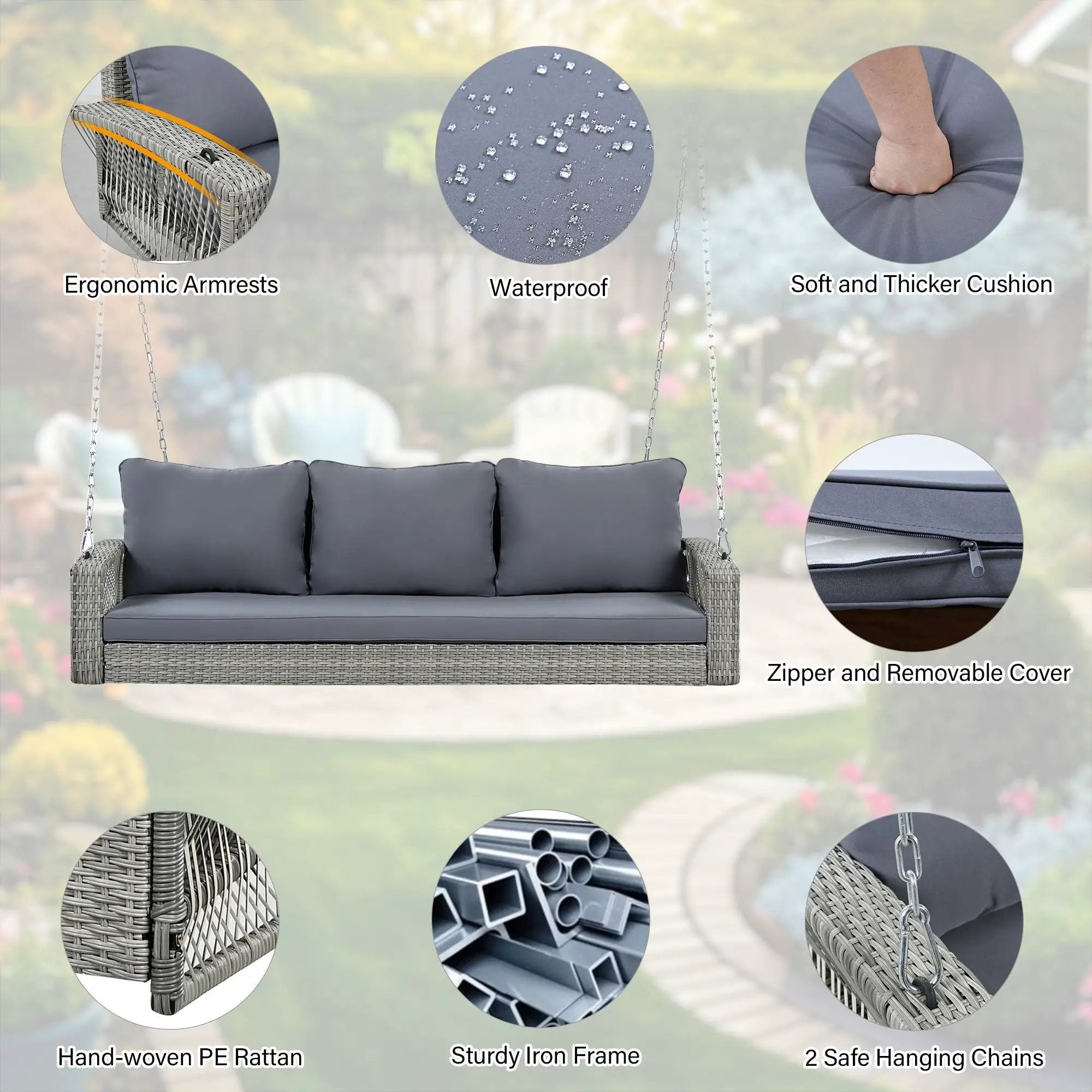 3 Person Large Patio Swing Bench With Cushions For Backyard by Unique Piece Furniture