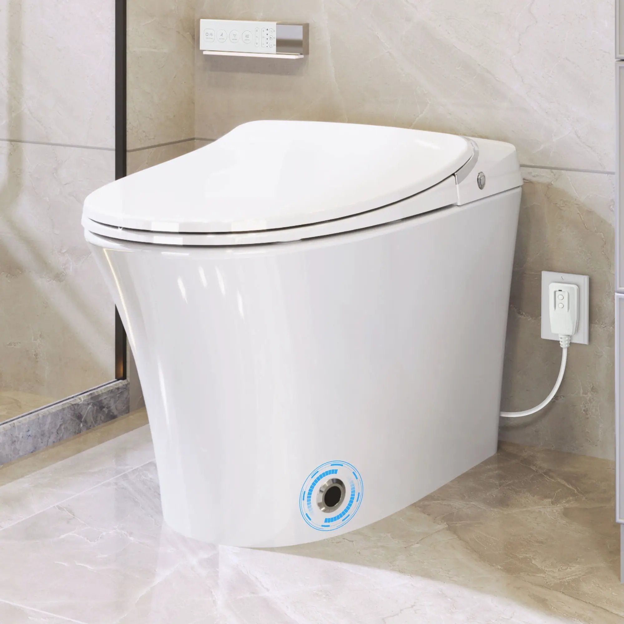 Luxury Smart Toilet With Dryer And Warm Water, Elongated Bidet Toilet With Heated Seat, With Remote Control, Led Night Light, Power Outage Flushing, Soft Close Cover - White by HouseOfZazla