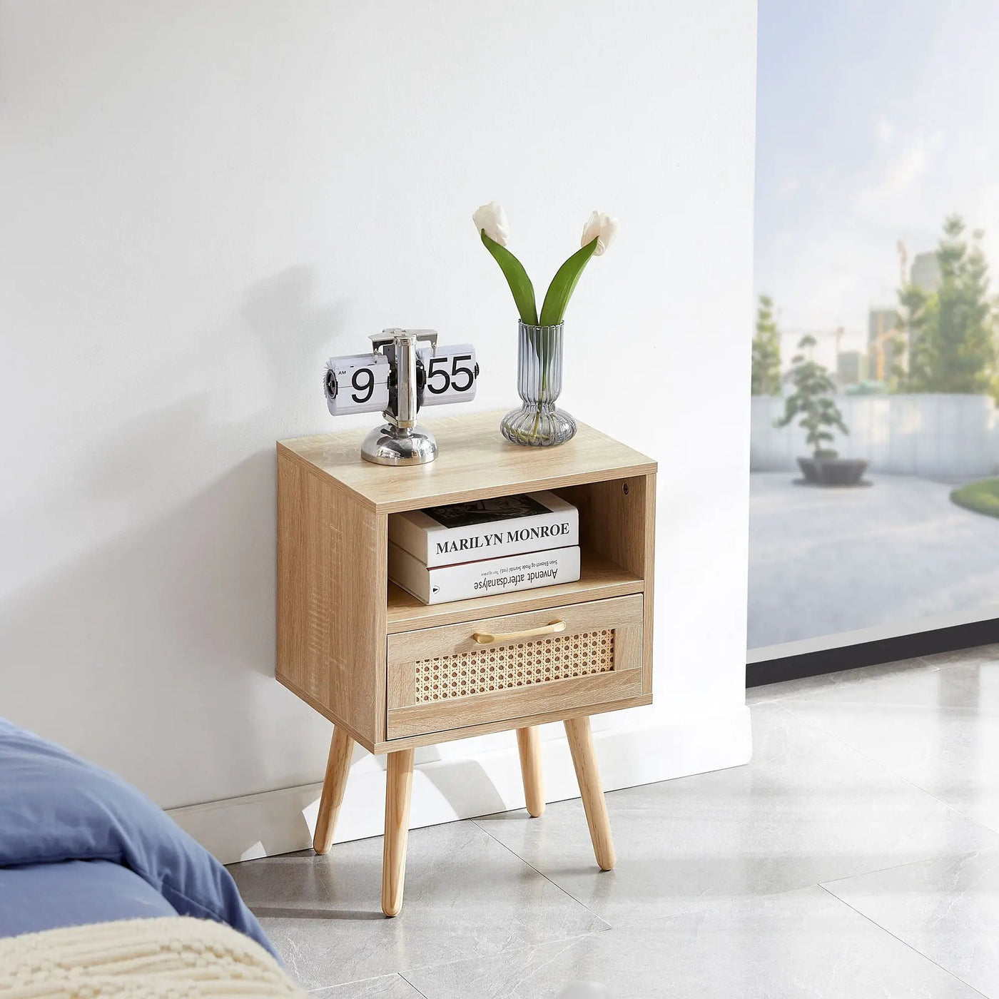 15.75" Rattan End Table With Drawer And Solid Wood Legs, Modern Nightstand, Side Table For Living Room, Bedroom by Unique Piece Furniture