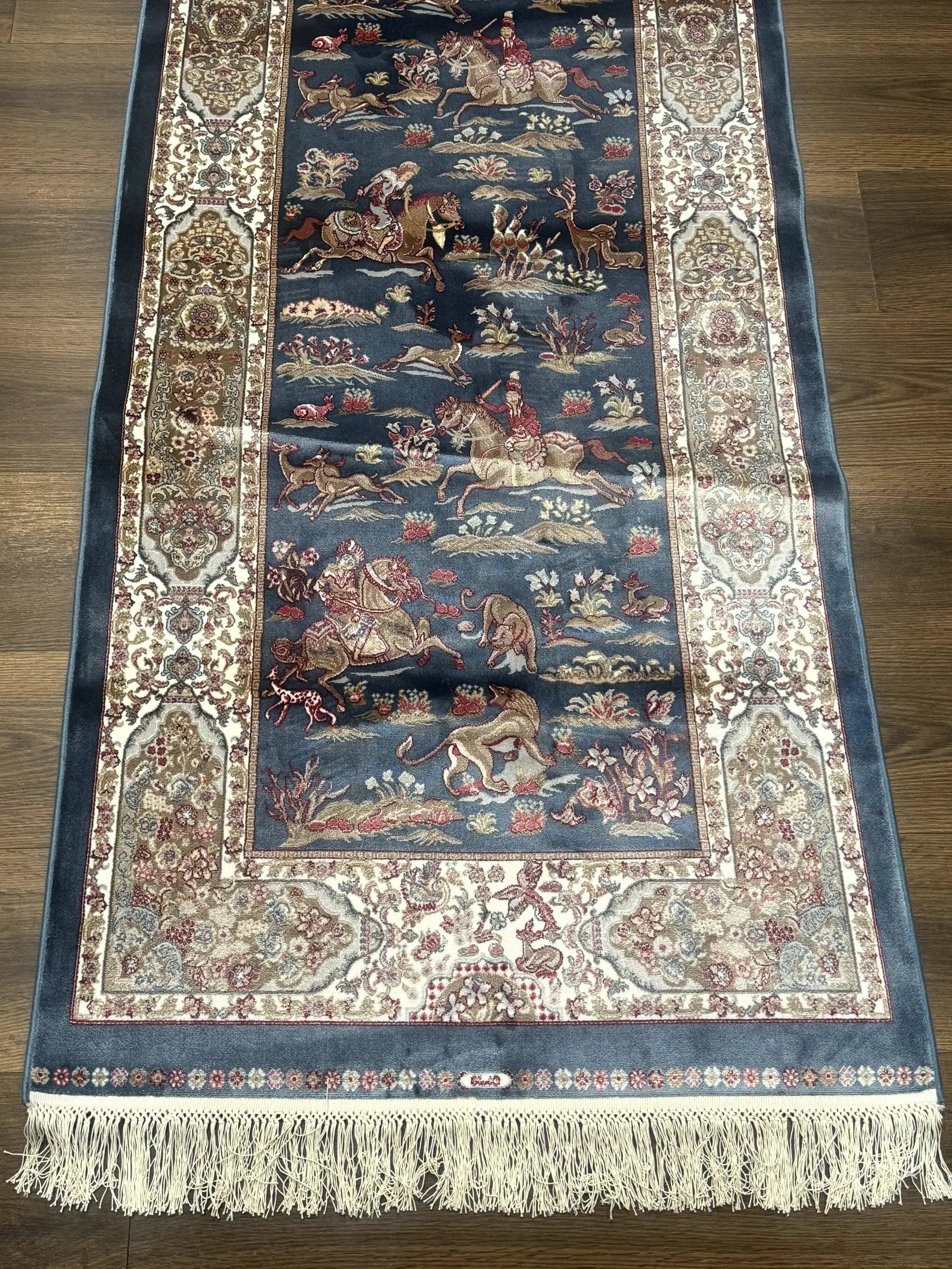 Turkish Silk Rug 2.6 x 6.7, Short Runner Rug, Blue & Ivory, Bamboo Silk, New by Jewel Rugs