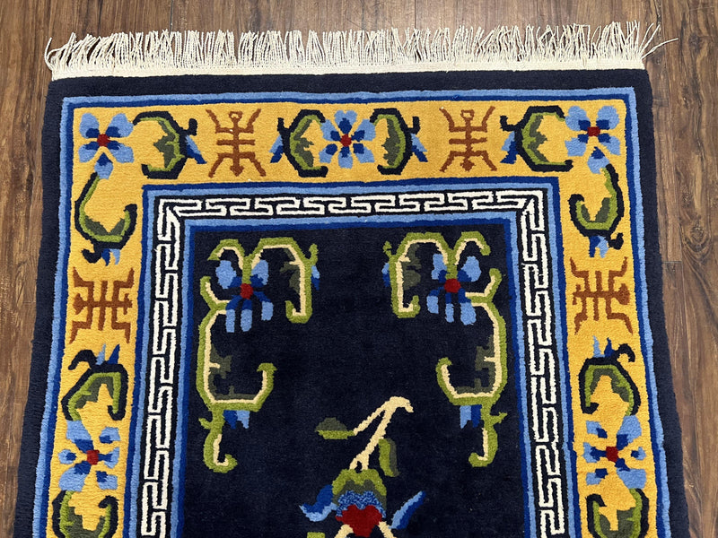 Chinese Art Deco Rug 3 x 5.9, Handmade Chinese Peking Carpet, Dark Blue and Gold, Medallion, Asian Oriental 3x6 Hand Knotted Vintage Rug by Jewel Rugs
