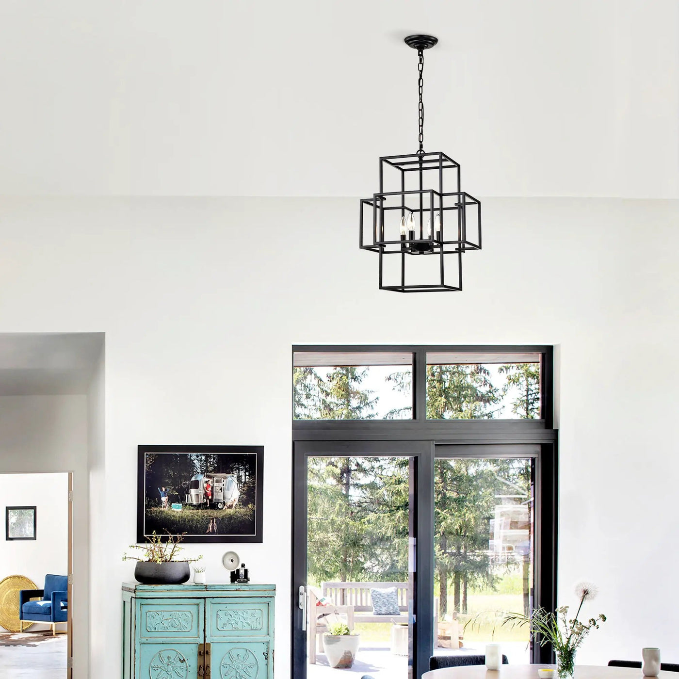 4 Light Metal Lantern Tiered Pendant Hanging Light Fixtures, Industrial Farmhouse Adjustable Height Chandeliers For Dining Room Hallway Foyer Entryway (E12 Bulbs Not Included) by Unique Piece Furniture