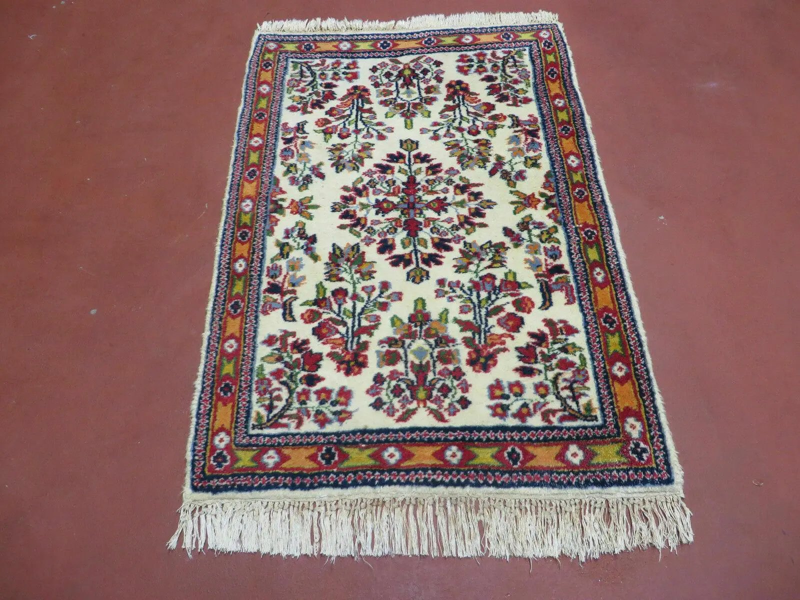 Small Persian Rug 2 x 3, Tiny Persian Sarouk Carpet, Cream Navy Blue Red, Floral Medallion, Vintage Wool Rug, Handmade Hand-Knotted Oriental Rug by Jewel Rugs