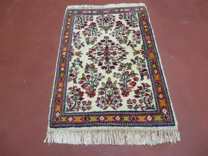 Small Persian Rug 2 x 3, Tiny Persian Sarouk Carpet, Cream Navy Blue Red, Floral Medallion, Vintage Wool Rug, Handmade Hand-Knotted Oriental Rug by Jewel Rugs