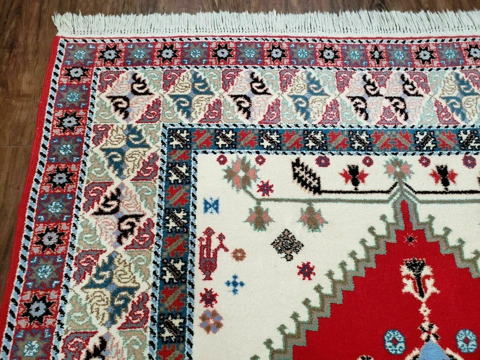Vintage Moroccan Carpet 5x7 Area Rug, Berber Rug, Handmade Soft Wool Rug, Red Ivory and Blue, Geometric Medallion Rug, Bohemian Rug, Nice by Jewel Rugs
