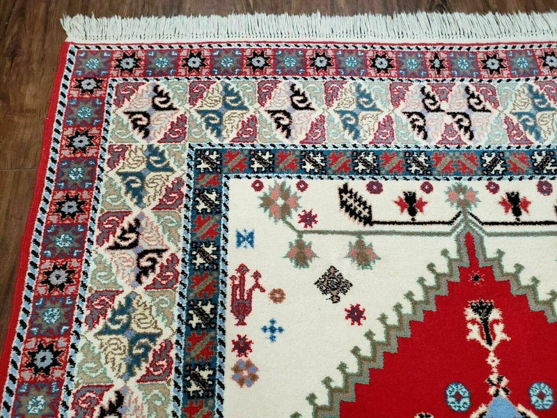 Vintage Moroccan Carpet 5x7 Area Rug, Berber Rug, Handmade Soft Wool Rug, Red Ivory and Blue, Geometric Medallion Rug, Bohemian Rug, Nice by Jewel Rugs