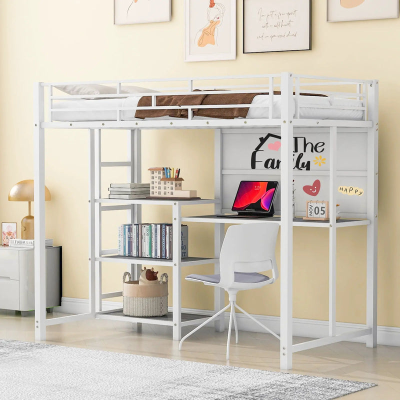 Metal Loft Bed With Desk, 3 Shelves And Ladder by HouseOfZazla