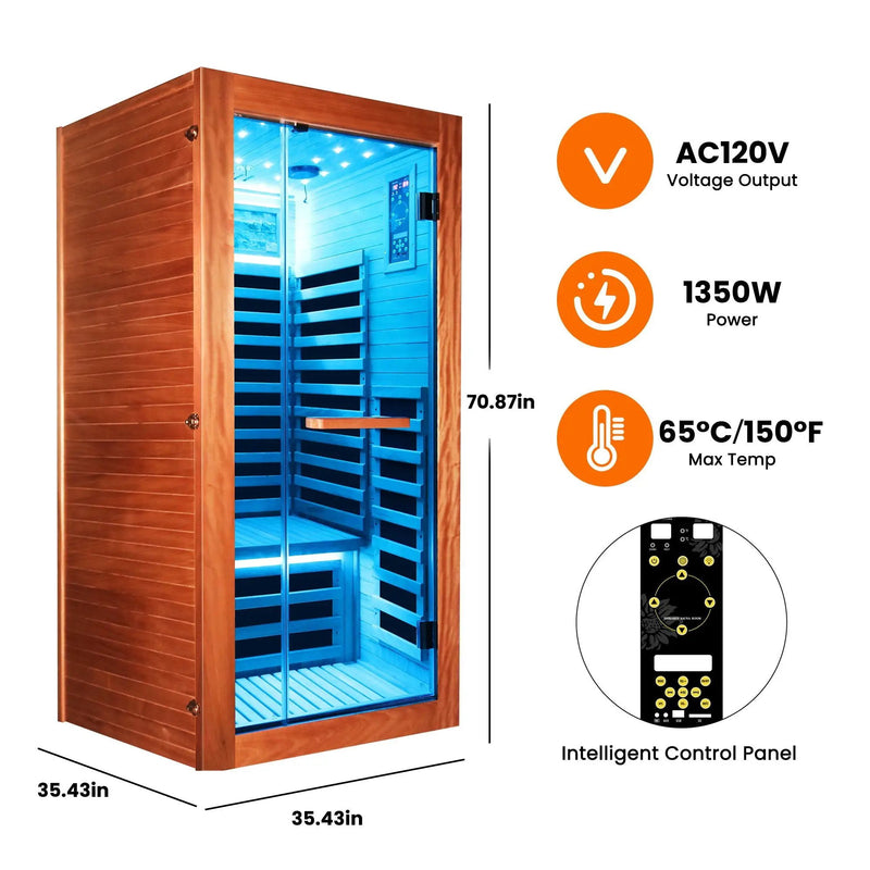 Single Person Sauna Room With LED Lighting, Epoxy Heating Plates, And Compact Design - American White Oak by HouseOfZazla