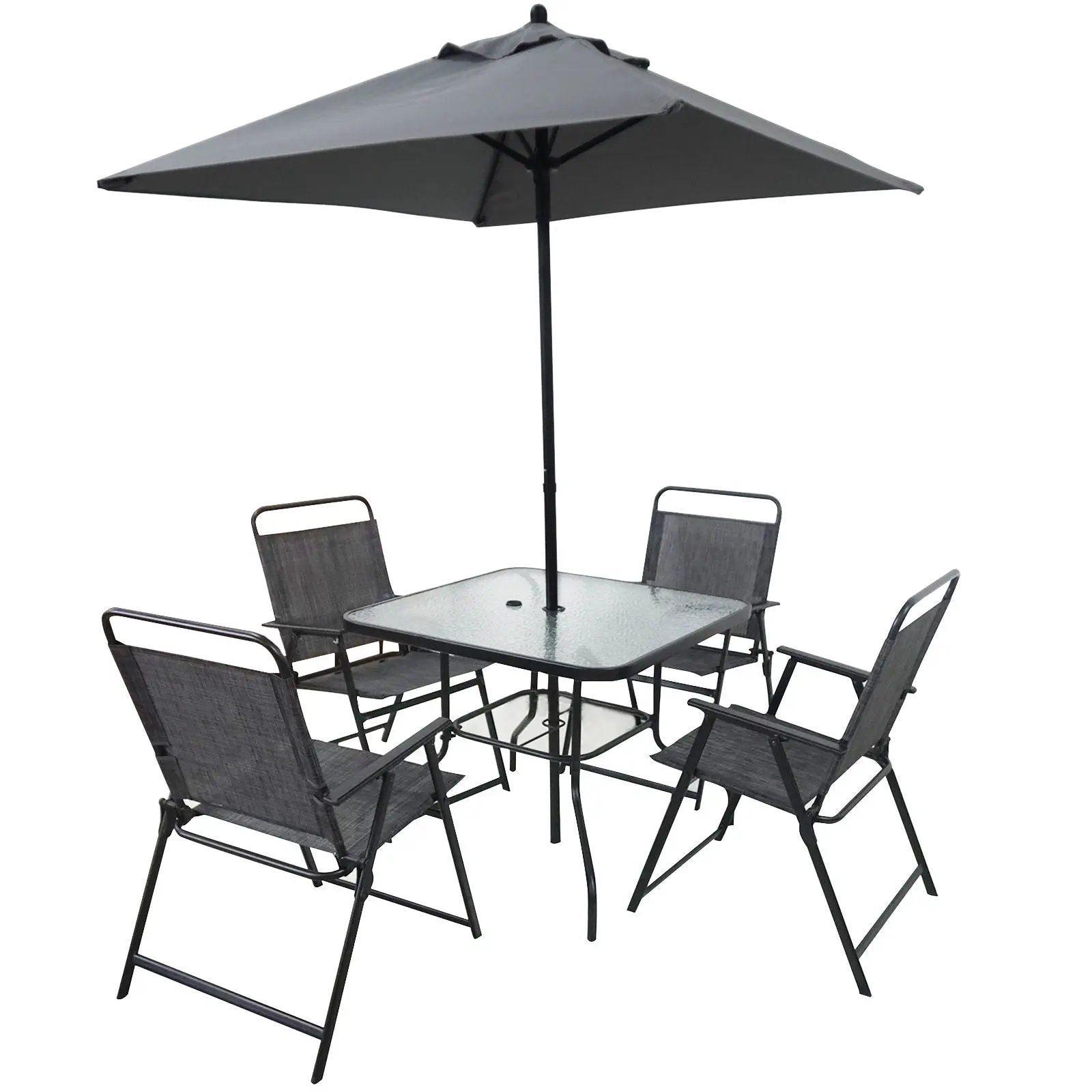 Outdoor Patio Dining Set For 4 People, Metal Patio Furniture Table And Chair Set With Umbrella - Black by HouseOfZazla