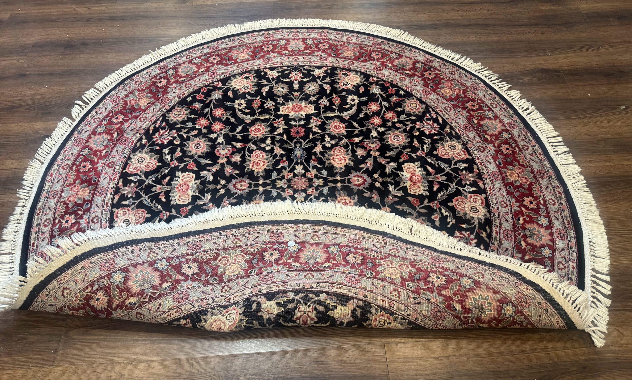 Round Sino Persian Rug 6x6, Floral, Navy Blue and Red, Wool and Silk Highlights by Jewel Rugs