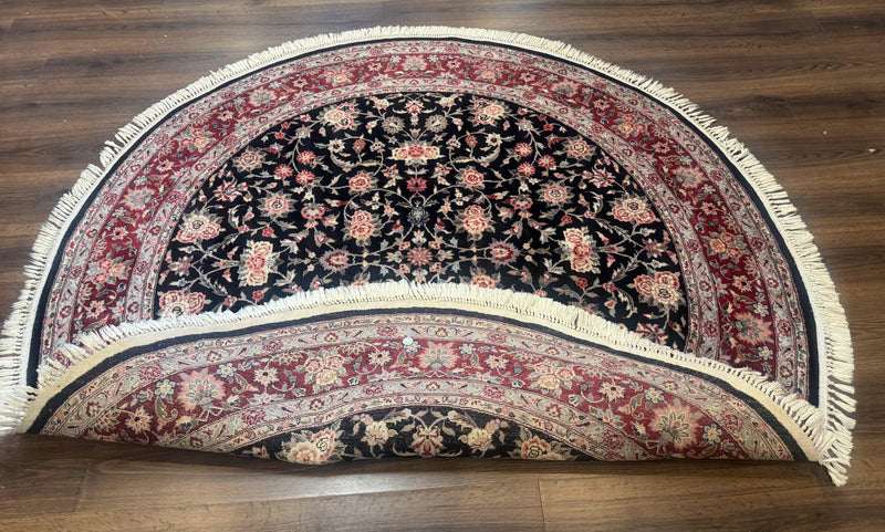 Round Sino Persian Rug 6x6, Floral, Navy Blue and Red, Wool and Silk Highlights by Jewel Rugs