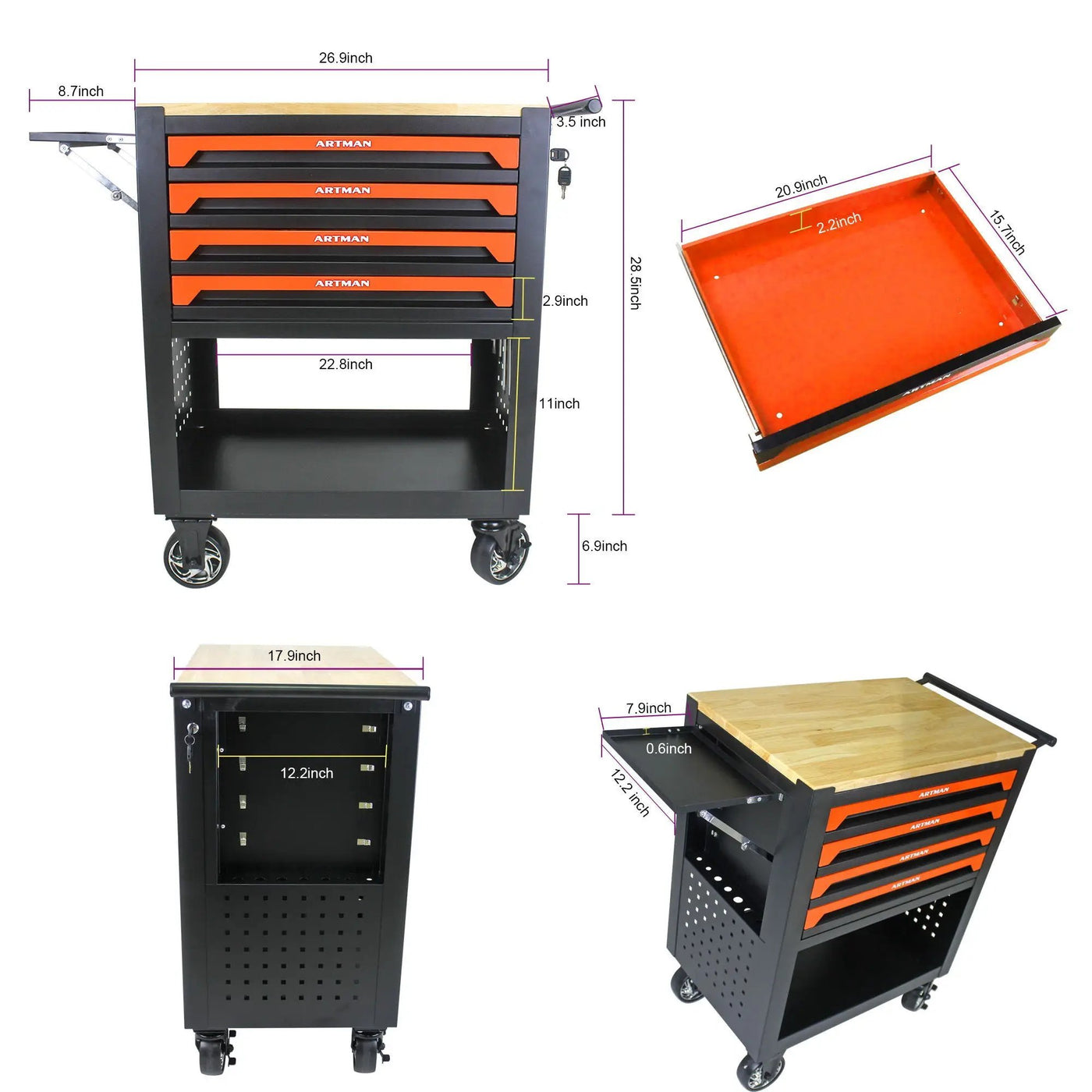 4 Drawers Multifunctional Tool Cart With Wheels And Wooden Top by HouseOfZazla