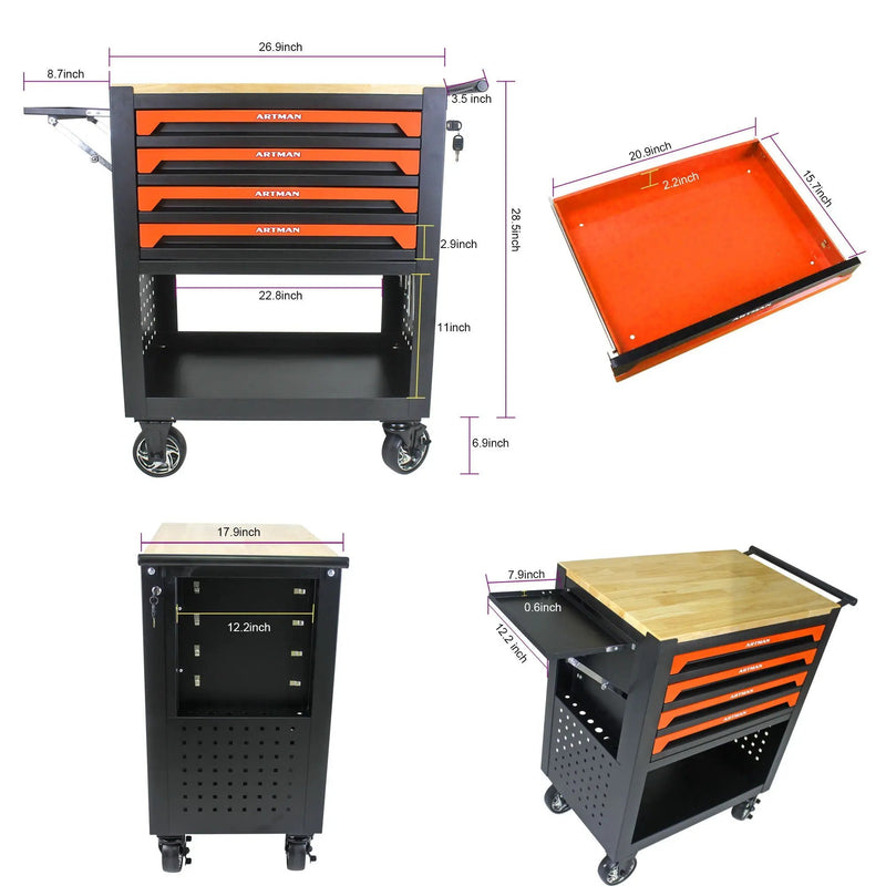 4 Drawers Multifunctional Tool Cart With Wheels And Wooden Top by HouseOfZazla