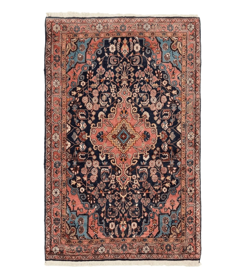 Persian Rug 3x5, Jozan Sarouk Rug, Navy Blue and Coral, Medallion Rug, Semi Antique by Jewel Rugs