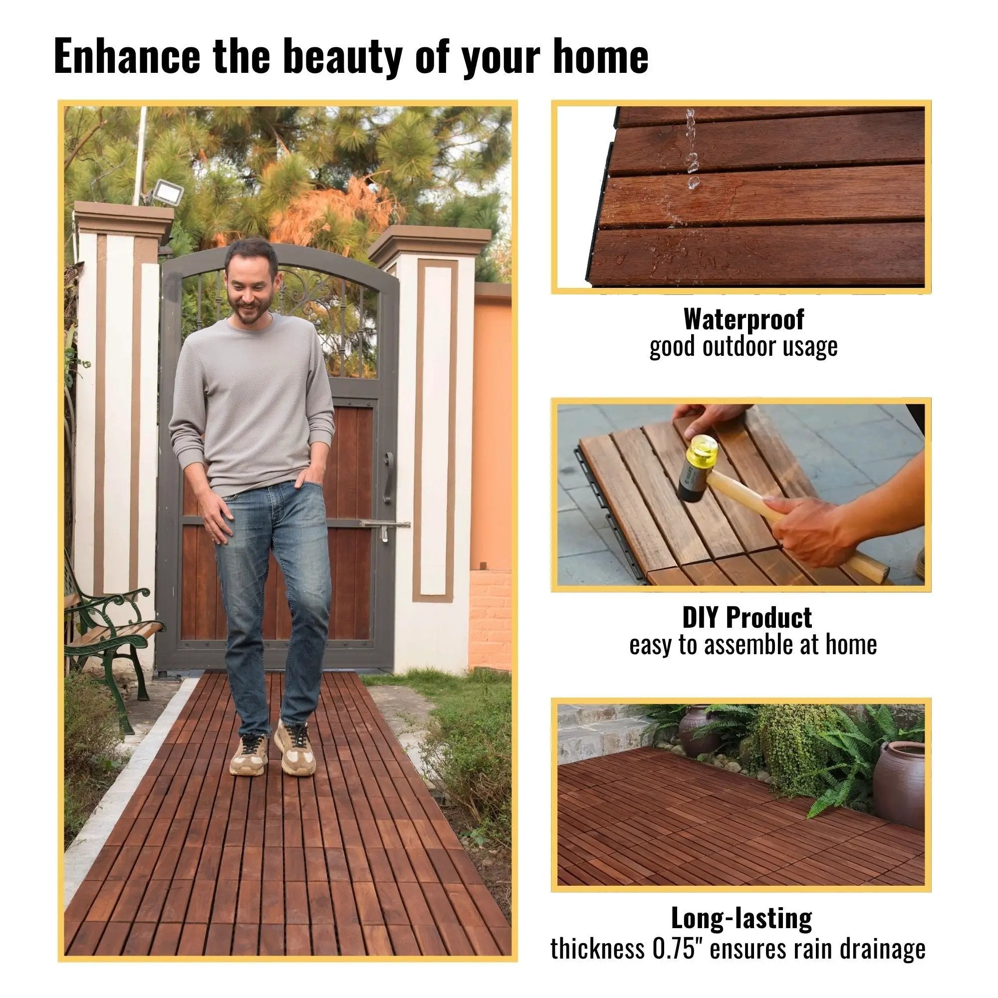 Interlocking Deck Tiles Striped Pattern, Square Acacia Hardwood Outdoor Flooring For Patio, Bancony, Pool Side by HouseOfZazla