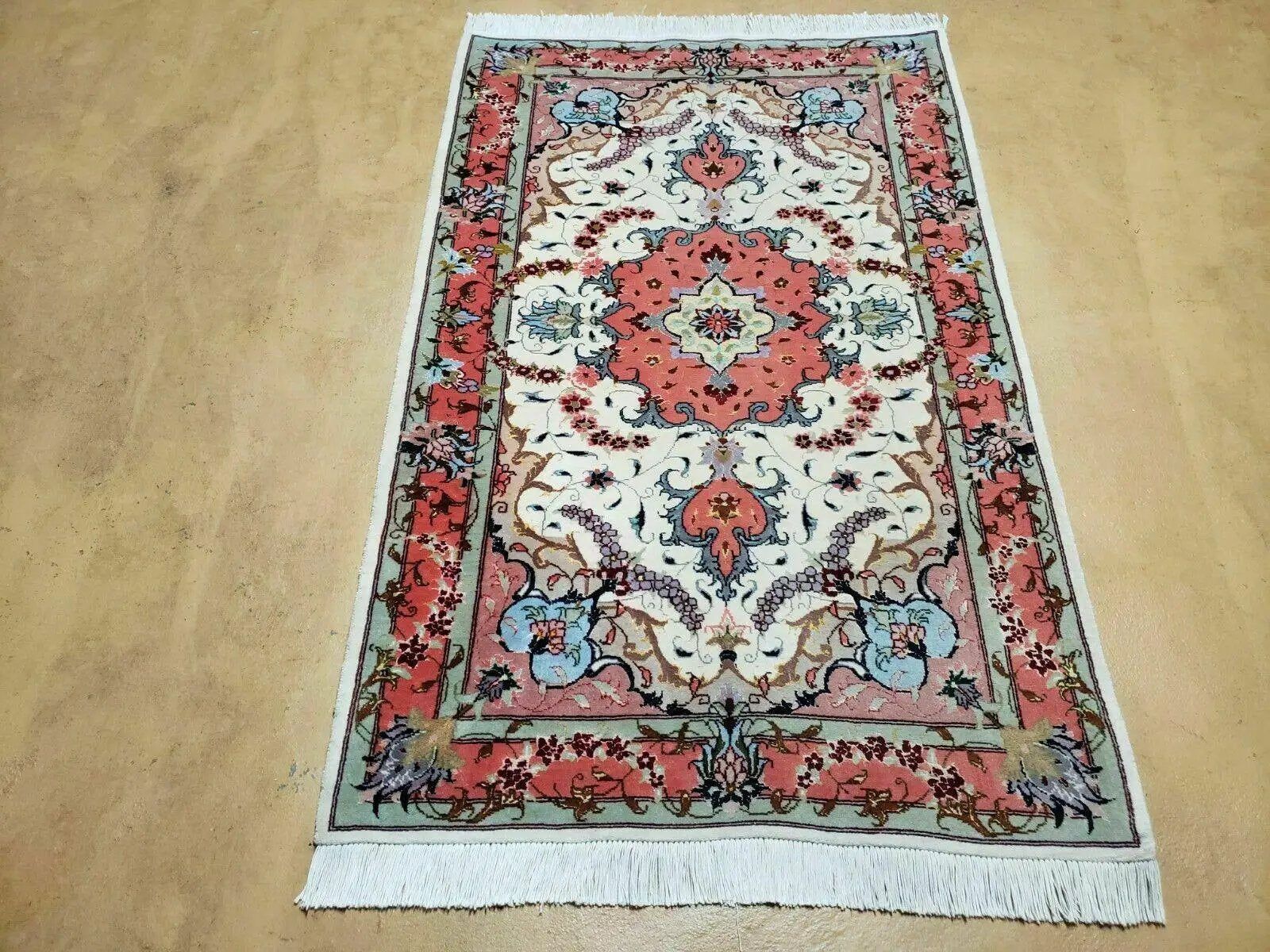 Small Vintage Persian Tabriz Wool and Silk Rug 2.5 x 4 ft, Very Finely Hand Knotted, Medallion, Ivory Salmon Light Blue, Top Quality, Pair A by Jewel Rugs