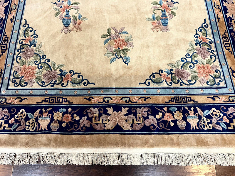 Chinese Wool Rug 8x11, Peking Asian Oriental Carpet, Cream/Ivory and Blue, Vintage Handmade Rug, Art Deco Rug by Jewel Rugs
