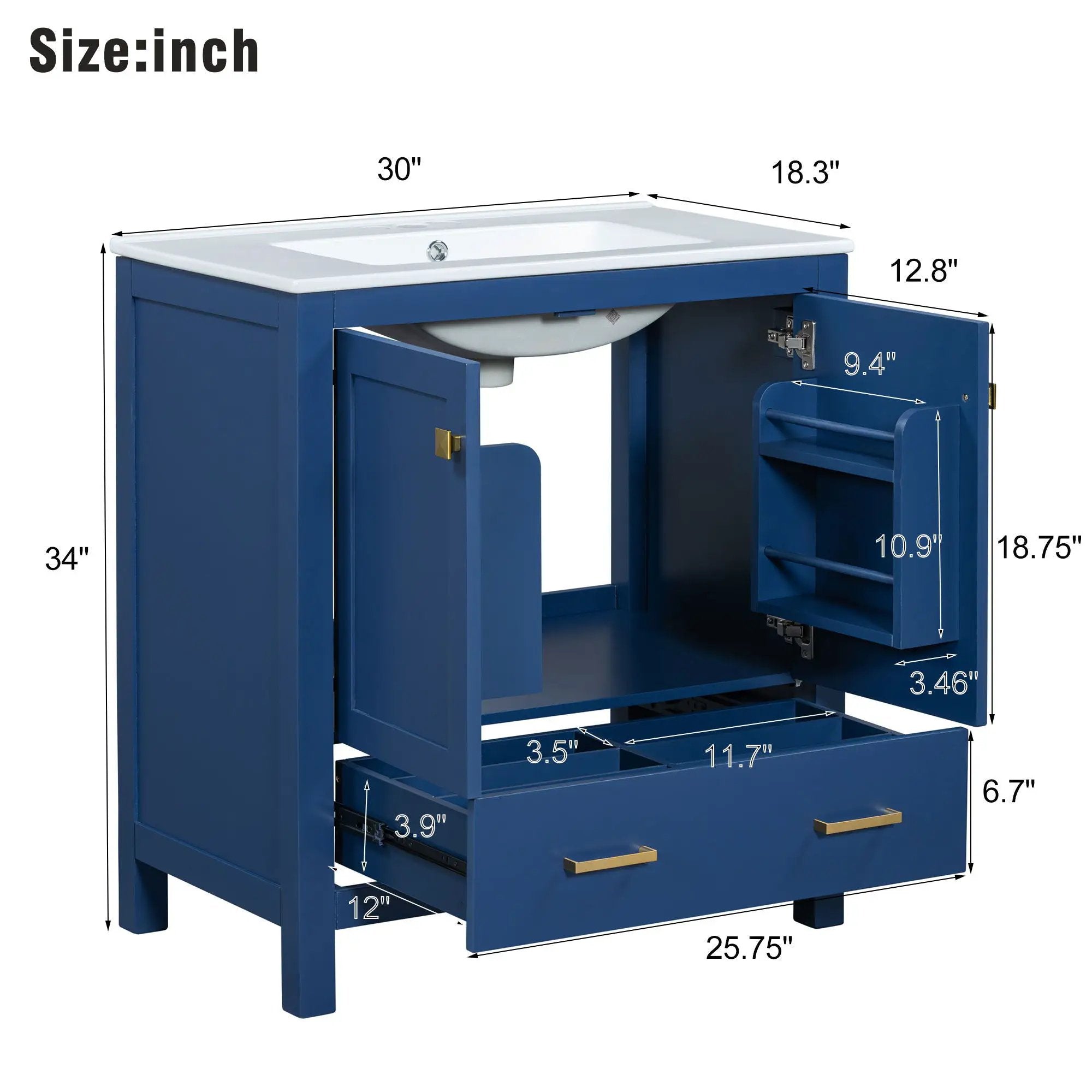 Bathroom Vanity With Single Sink, Combo Cabinet Undermount Sink, Bathroom Storage Cabinet With Two Doors And A Drawer, Soft Closing, Multifunctional Storage, Solid Wood Frame by Unique Piece Furniture