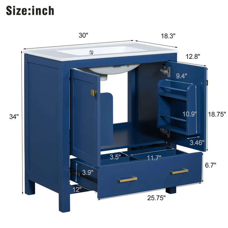 Bathroom Vanity With Single Sink, Combo Cabinet Undermount Sink, Bathroom Storage Cabinet With Two Doors And A Drawer, Soft Closing, Multifunctional Storage, Solid Wood Frame by HouseOfZazla