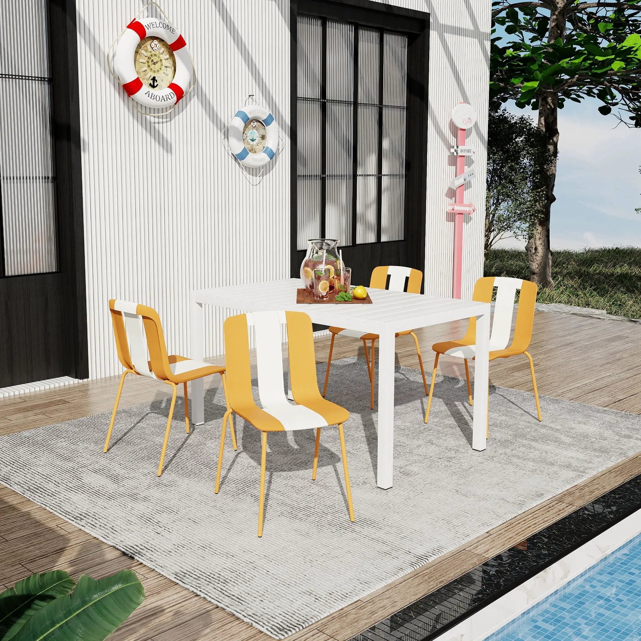 4 Piece Set Of Modern Striped Color- Blocking Single Chairs With Long Table by Unique Piece Furniture
